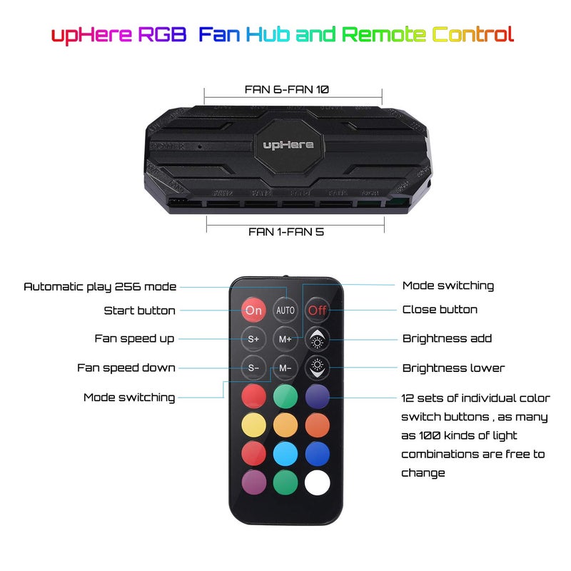 upHere 10-Port 6PIN SATA RGB Hub with 21-Key Remote Control/Splitter for 6-Pin Case Fans in Black-MBX12 - Image 4